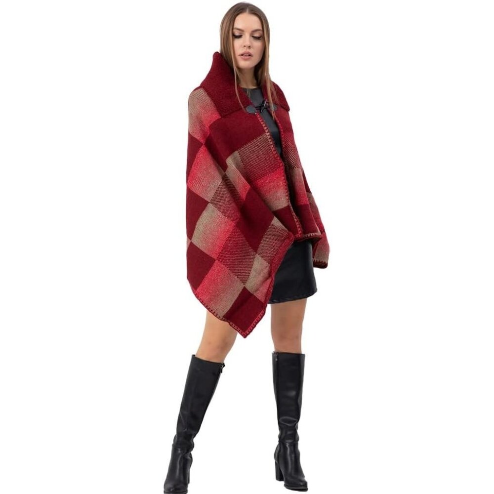 Square Patterned Poncho Red Marroon Pink
